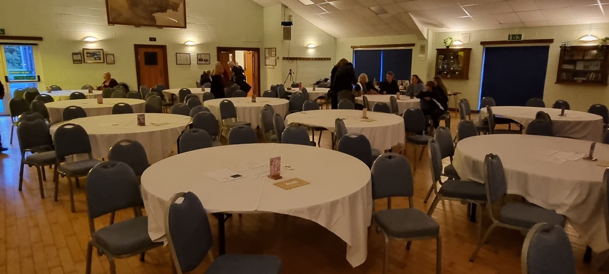 The venue set-up as a murder mystery dinner for this production.